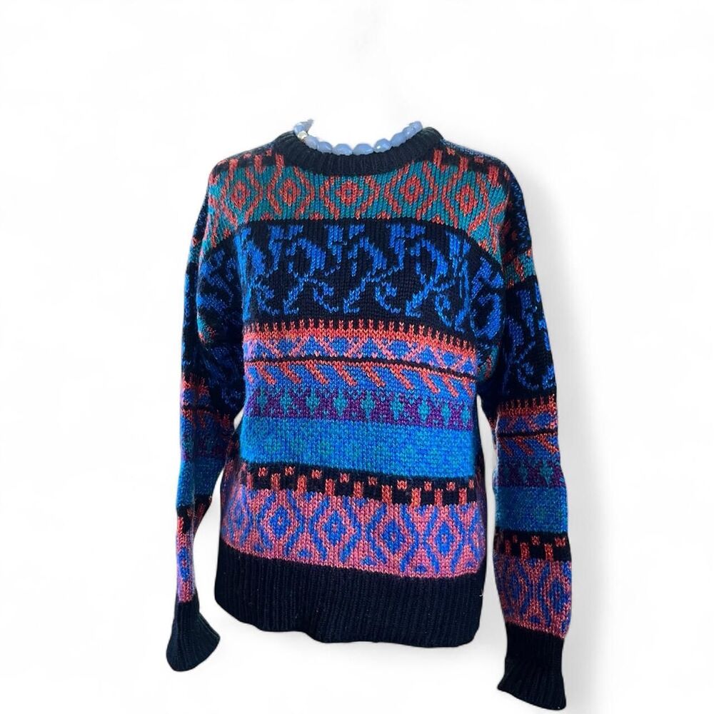 Vintage 1980s 1990s Women's Blue Multicolored Wool Blend Knit Sweater SZ M